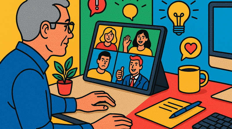 Illustration of video conferencing on tablets in a home office setups setting, with a creative mood.