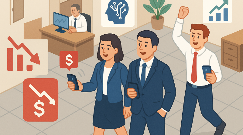 Illustration of smiling professionals with smartphones in a legacy business interiors setting, with a determined mood.