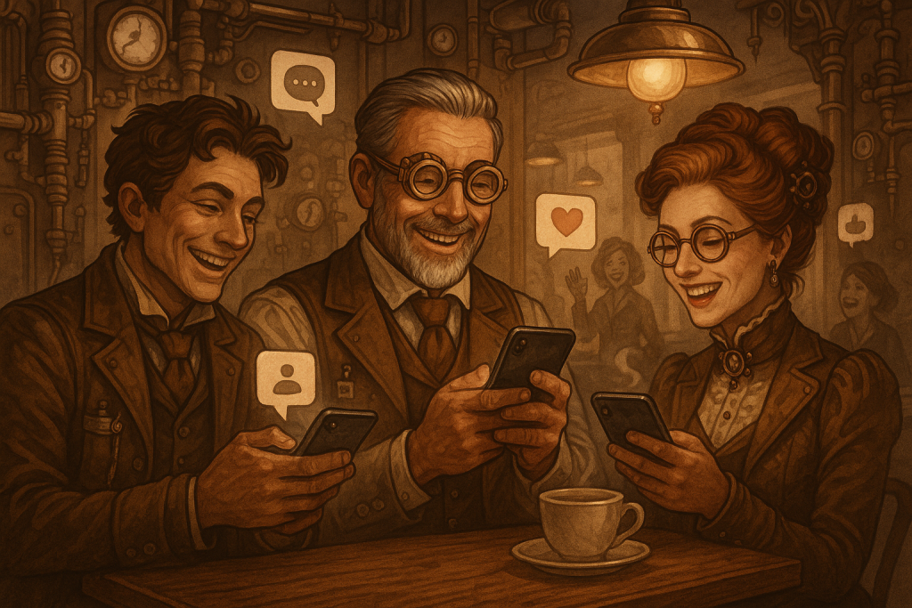 Illustration of smiling professionals with smartphones in a coffee shop settings setting, with a happy mood.