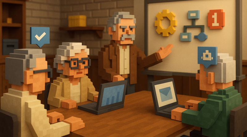 Illustration of group workshops with older attendees in a legacy business interiors setting, with a focused mood.