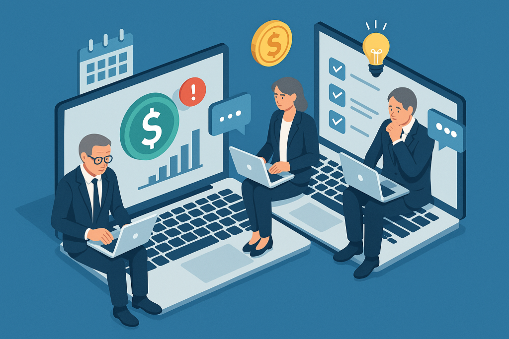 Illustration of mature professionals on laptops in a open laptops with productivity apps setting, with a focused mood.