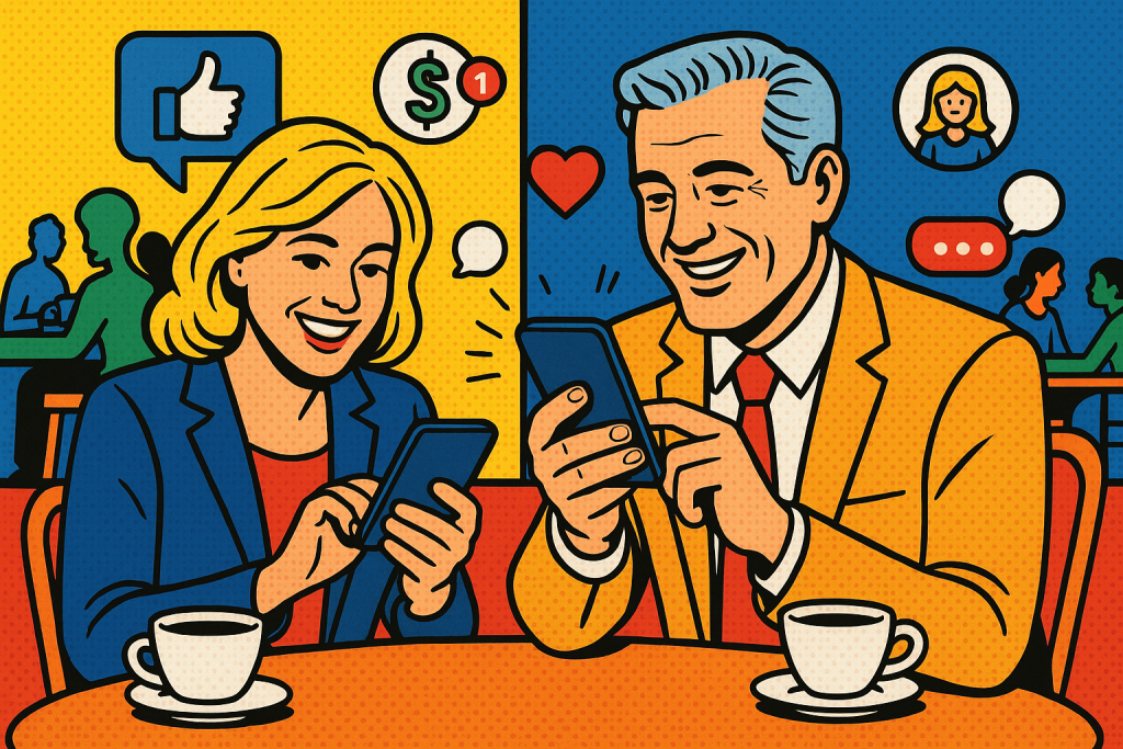 Illustration of smiling professionals with smartphones in a coffee shop settings setting, with a creative mood.