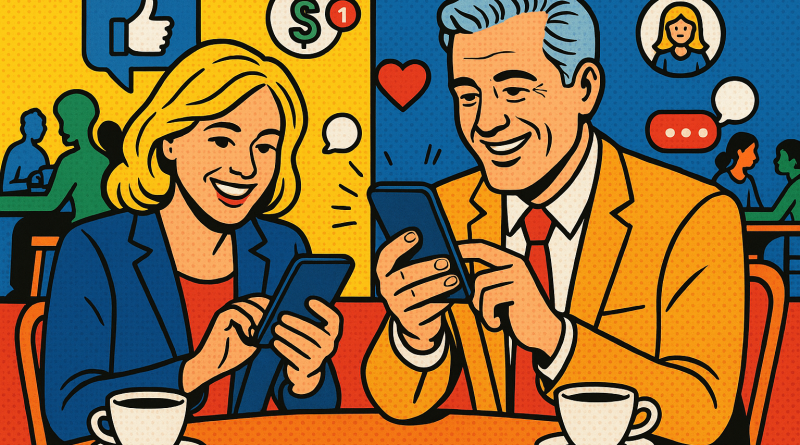 Illustration of smiling professionals with smartphones in a coffee shop settings setting, with a creative mood.