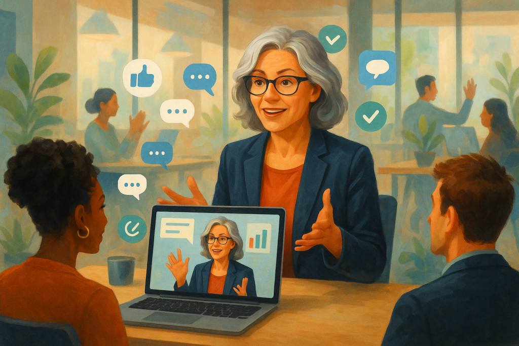 Illustration of women executives giving webinars in a modern coworking spaces setting, with a inspired mood.