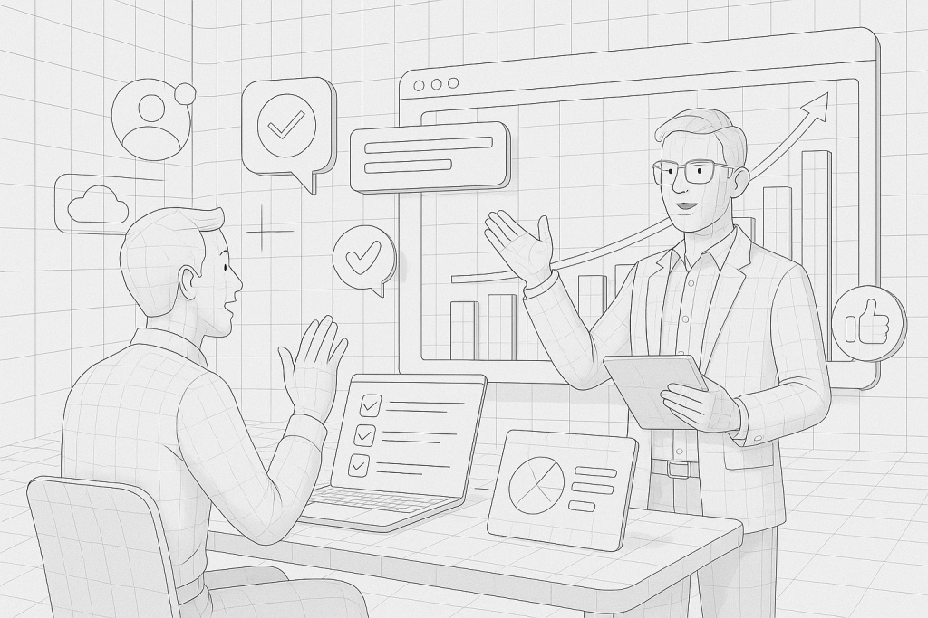 Illustration of men in casual business attire presenting in a digital dashboards and data setting, with a inspired mood.