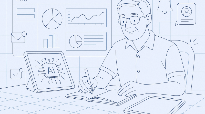 Illustration of writing in notebooks with tablets nearby in a digital dashboards and data setting, with a relaxed mood.