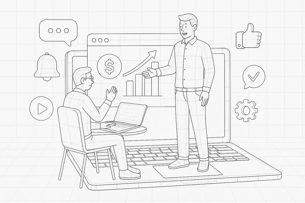 Illustration of men in casual business attire presenting in a open laptops with productivity apps setting, with a relaxed mood.