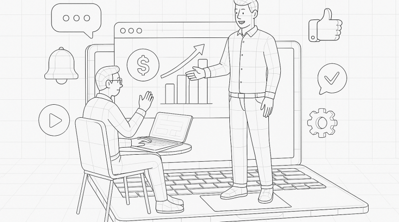 Illustration of men in casual business attire presenting in a open laptops with productivity apps setting, with a relaxed mood.