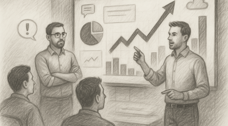 Illustration of men in casual business attire presenting in a digital dashboards and data setting, with a focused mood.