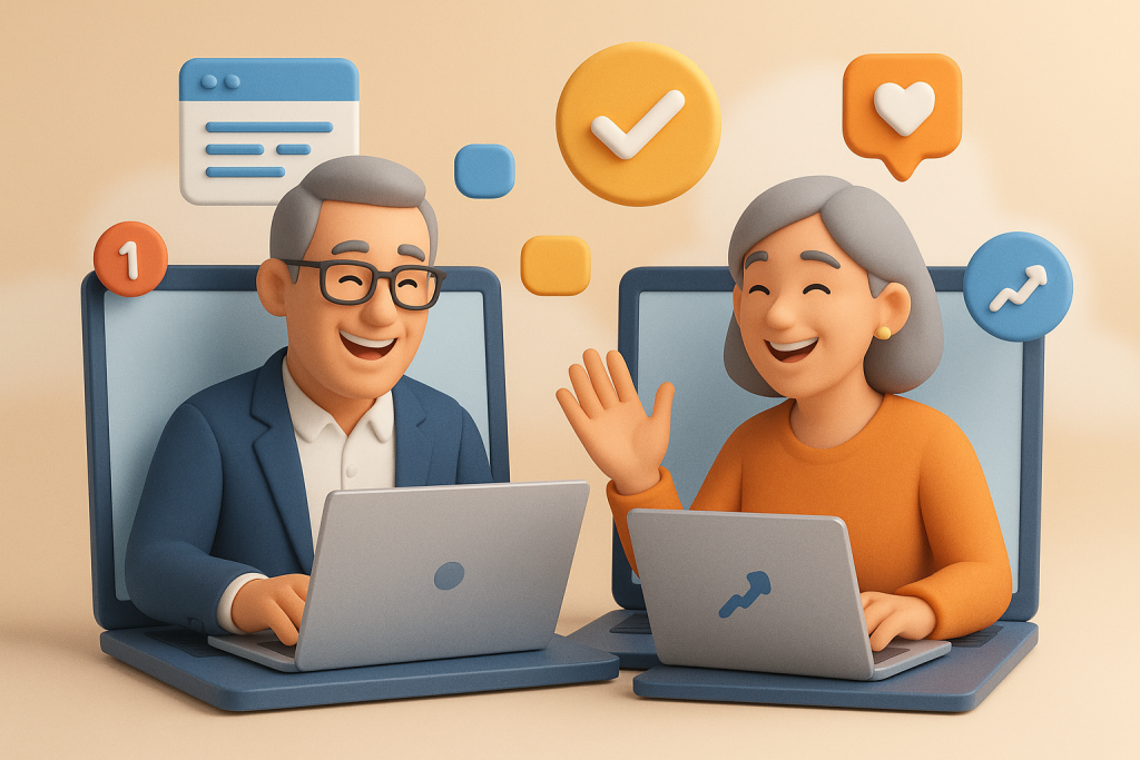 Illustration of mature professionals on laptops in a open laptops with productivity apps setting, with a happy mood.