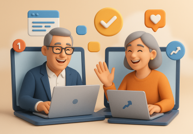 Illustration of mature professionals on laptops in a open laptops with productivity apps setting, with a happy mood.