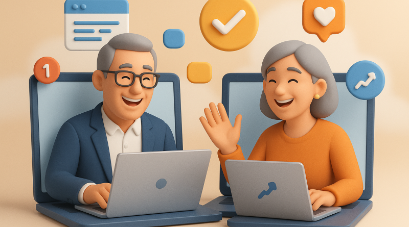 Illustration of mature professionals on laptops in a open laptops with productivity apps setting, with a happy mood.