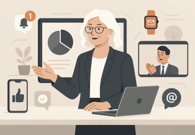 Illustration of women executives giving webinars in a minimalist tech environments setting, with a relaxed mood.
