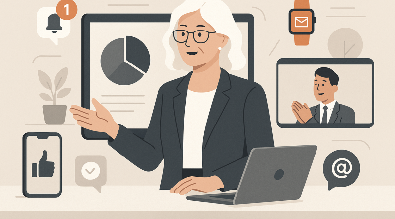 Illustration of women executives giving webinars in a minimalist tech environments setting, with a relaxed mood.