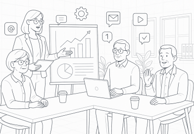 Illustration of group workshops with older attendees in a modern coworking spaces setting, with a relaxed mood.