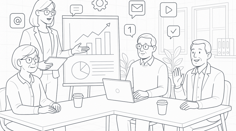 Illustration of group workshops with older attendees in a modern coworking spaces setting, with a relaxed mood.