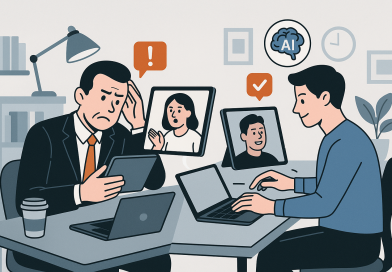 Illustration of video conferencing on tablets in a home office setups setting, with a determined mood.