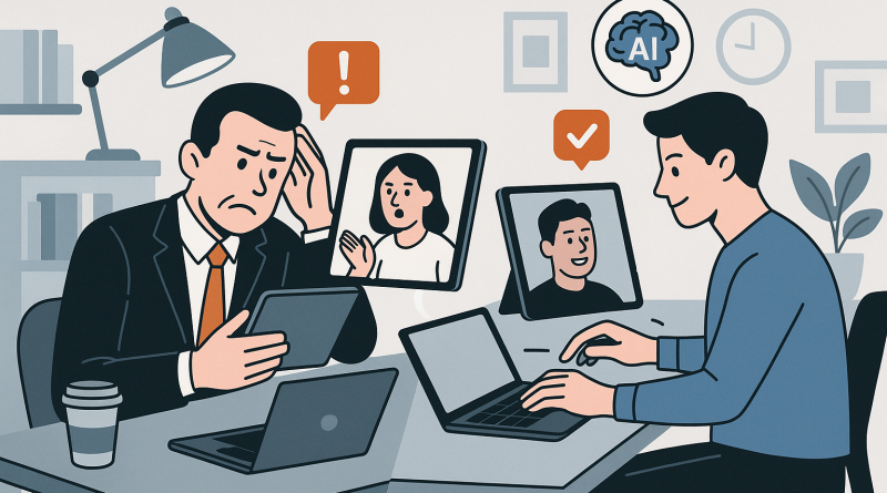 Illustration of video conferencing on tablets in a home office setups setting, with a determined mood.