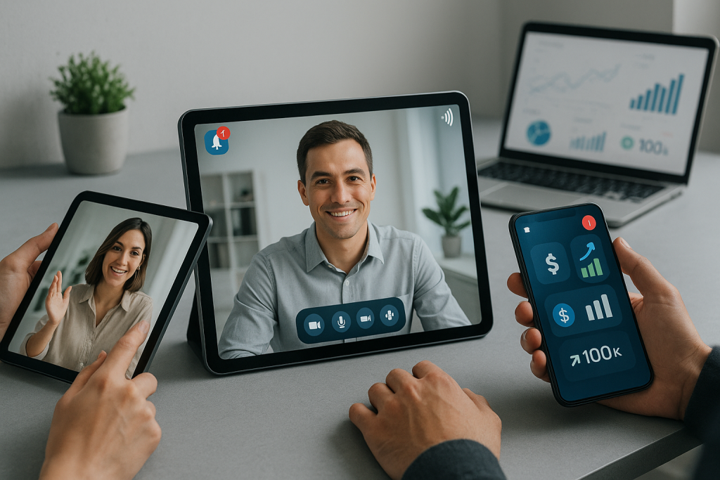 Illustration of video conferencing on tablets in a minimalist tech environments setting, with a focused mood.