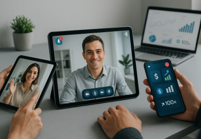 Illustration of video conferencing on tablets in a minimalist tech environments setting, with a focused mood.