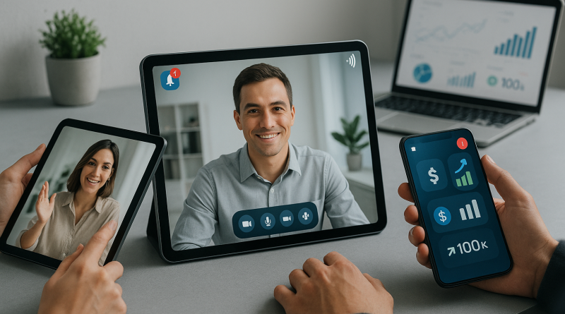 Illustration of video conferencing on tablets in a minimalist tech environments setting, with a focused mood.