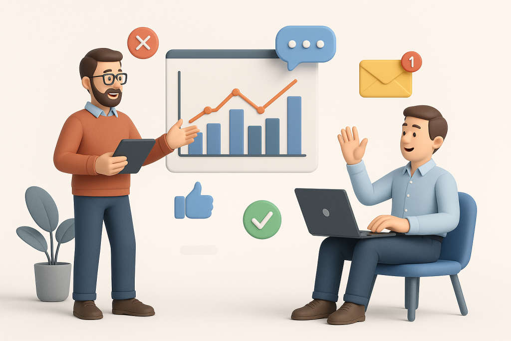 Illustration of men in casual business attire presenting in a minimalist tech environments setting, with a creative mood.