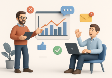 Illustration of men in casual business attire presenting in a minimalist tech environments setting, with a creative mood.