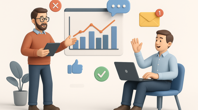 Illustration of men in casual business attire presenting in a minimalist tech environments setting, with a creative mood.