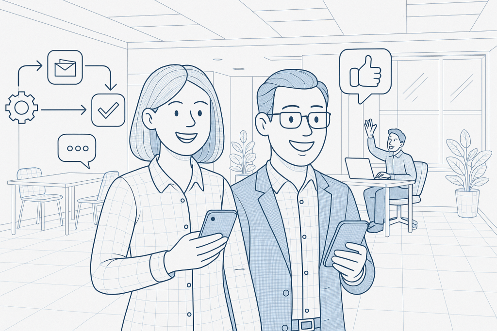 Illustration of smiling professionals with smartphones in a modern coworking spaces setting, with a happy mood.