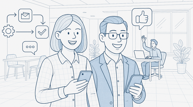 Illustration of smiling professionals with smartphones in a modern coworking spaces setting, with a happy mood.