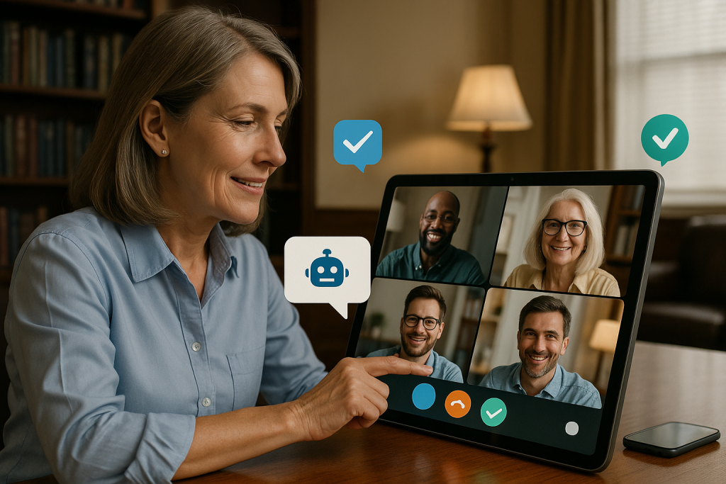 Illustration of video conferencing on tablets in a legacy business interiors setting, with a relaxed mood.