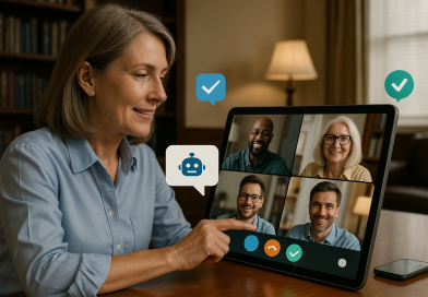 Illustration of video conferencing on tablets in a legacy business interiors setting, with a relaxed mood.