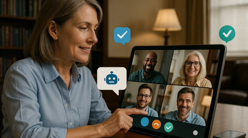 Illustration of video conferencing on tablets in a legacy business interiors setting, with a relaxed mood.