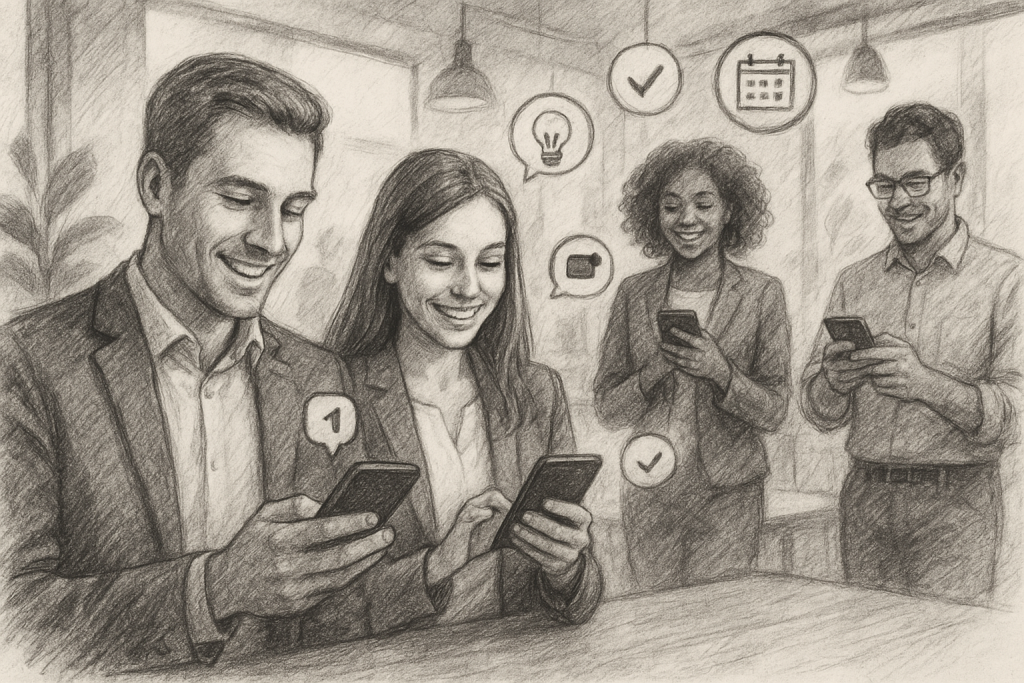 Illustration of smiling professionals with smartphones in a modern coworking spaces setting, with a focused mood.