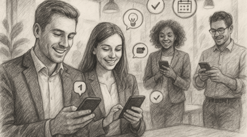 Illustration of smiling professionals with smartphones in a modern coworking spaces setting, with a focused mood.