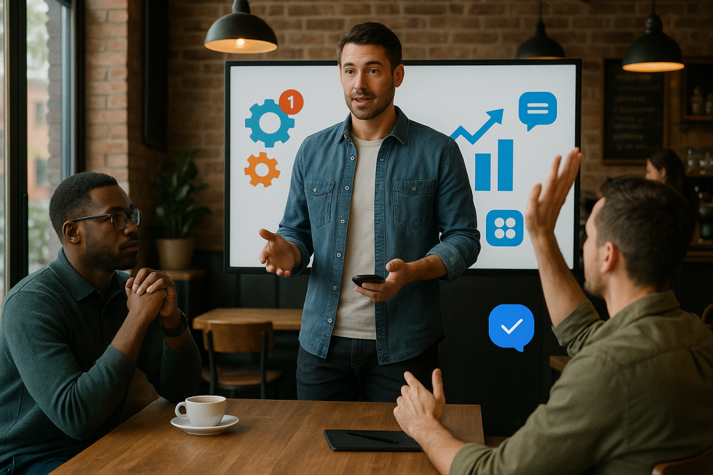 Illustration of men in casual business attire presenting in a coffee shop settings setting, with a focused mood.