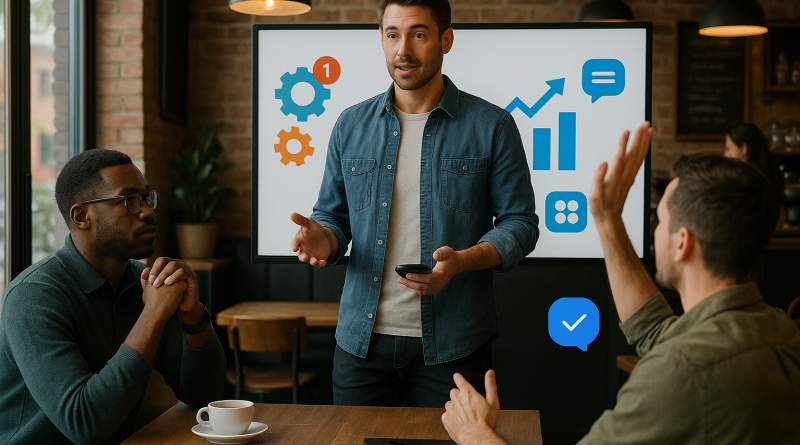 Illustration of men in casual business attire presenting in a coffee shop settings setting, with a focused mood.