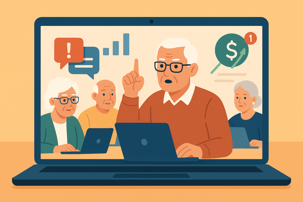 Illustration of group workshops with older attendees in a open laptops with productivity apps setting, with a determined mood.