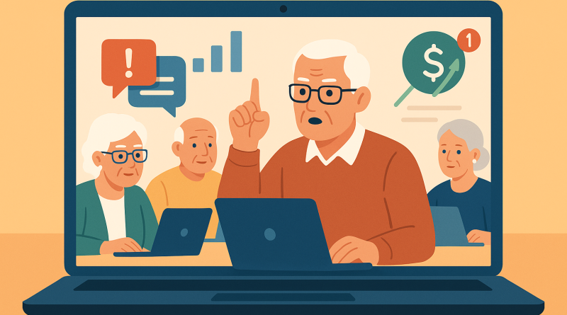 Illustration of group workshops with older attendees in a open laptops with productivity apps setting, with a determined mood.