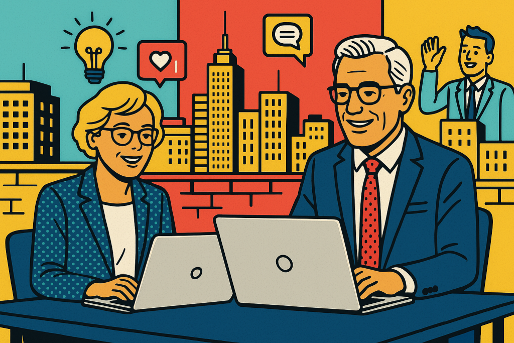 Illustration of mature professionals on laptops in a urban rooftop offices setting, with a relaxed mood.