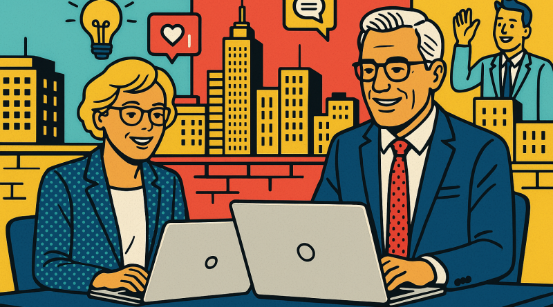 Illustration of mature professionals on laptops in a urban rooftop offices setting, with a relaxed mood.