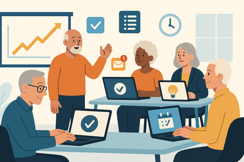 Illustration of group workshops with older attendees in a open laptops with productivity apps setting, with a focused mood.