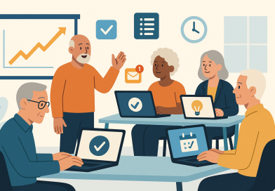 Illustration of group workshops with older attendees in a open laptops with productivity apps setting, with a focused mood.