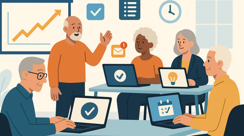 Illustration of group workshops with older attendees in a open laptops with productivity apps setting, with a focused mood.