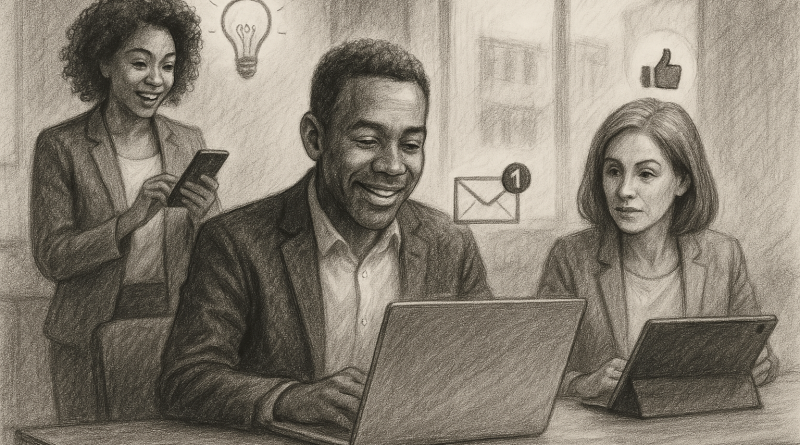 Illustration of diverse entrepreneurs over 40 in a legacy business interiors setting, with a creative mood.