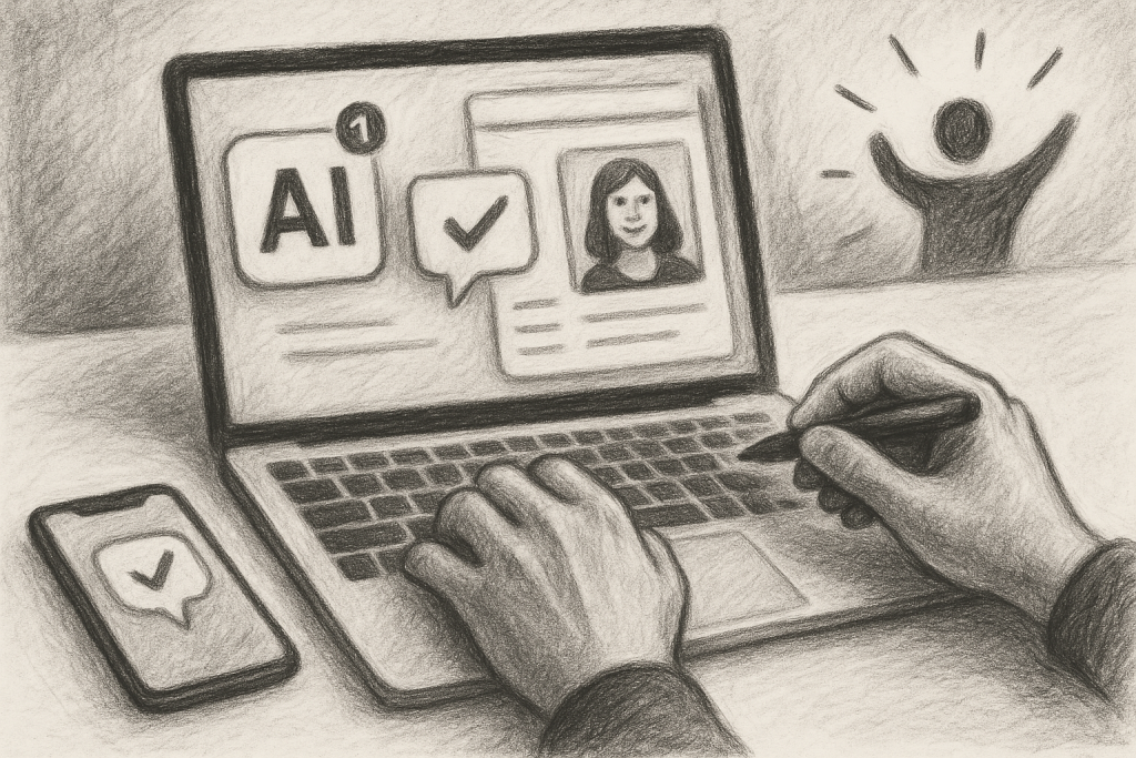 Illustration of hands using ai-powered tools in a open laptops with productivity apps setting, with a inspired mood.