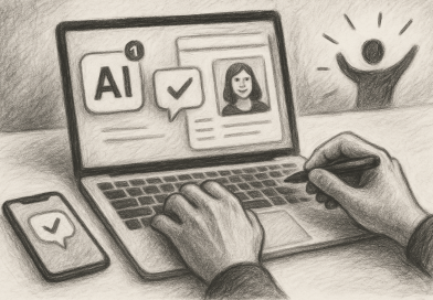 Illustration of hands using ai-powered tools in a open laptops with productivity apps setting, with a inspired mood.