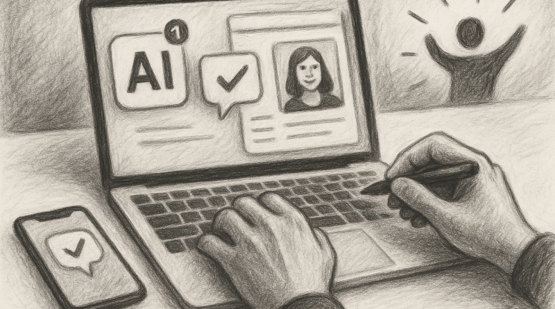 Illustration of hands using ai-powered tools in a open laptops with productivity apps setting, with a inspired mood.