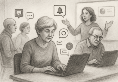 Illustration of group workshops with older attendees in a minimalist tech environments setting, with a focused mood.