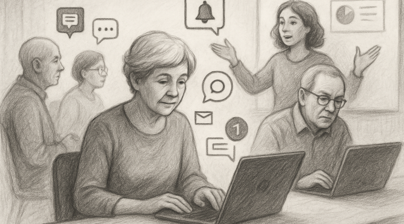 Illustration of group workshops with older attendees in a minimalist tech environments setting, with a focused mood.